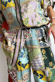 Linen Blend Lapel Short Sleeve Loose Top and Elastic Waist Casual Pocket Wide Leg Pants Set