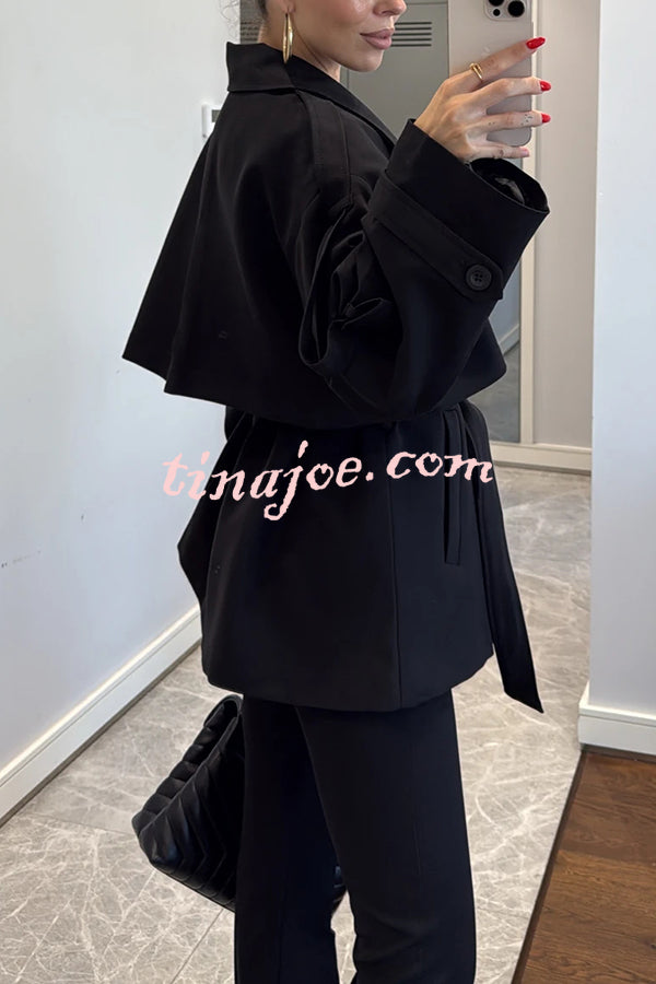Modern Urban Dropped Shoulder Strap Button Detail Belted Lapel Loose Trench Coat
