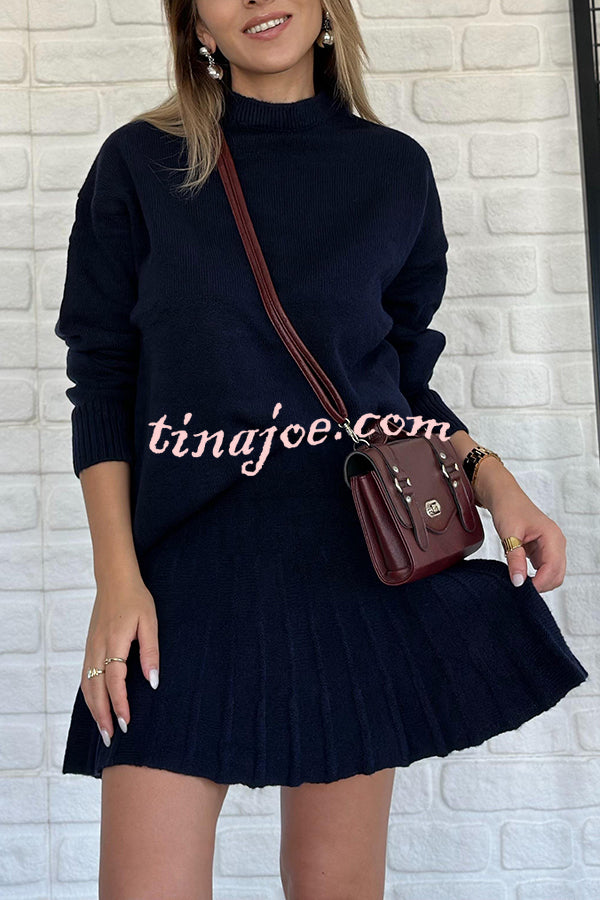 Solid Color Casual Preppy Knit Top and Knit Stretch Pleated Mini Skirt Set