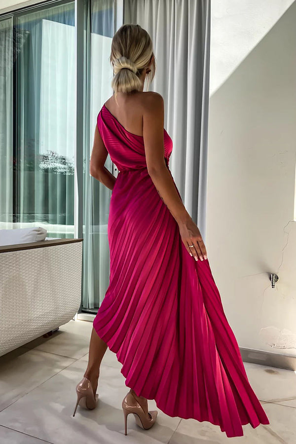 Romantic Nights Satin Raised Flower Elastic Cutout One Shoulder Pleated Maxi Dress