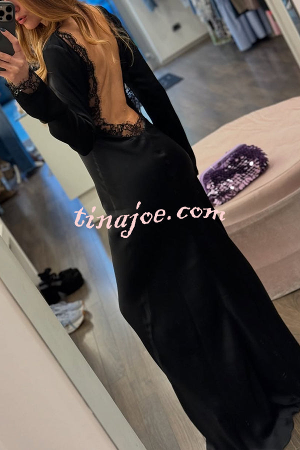 Mystic Moment Satin Lace Trim Long Sleeve Backless Maxi Dress