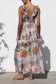 Unique Printed V-neck Ruffled Straps Pleated Back Maxi Dress