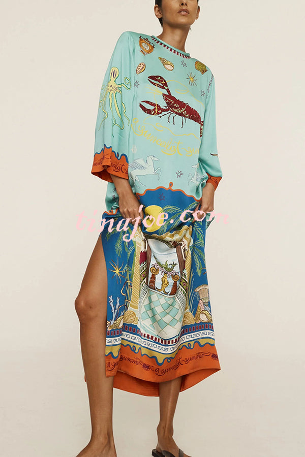 Satin Unique Print Long-sleeve Tie-waist Slit Maxi Dress