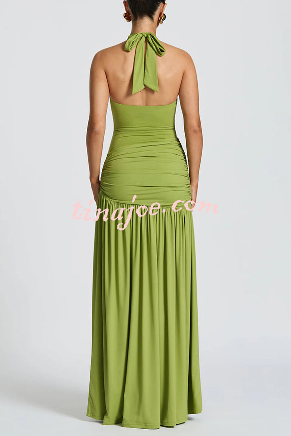 Solid Color Halter Neck Backless Slim Fit Pleated Slit Maxi Dress