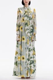 Floral Print Tie Neck Balloon Sleeves Elegant Maxi Dress