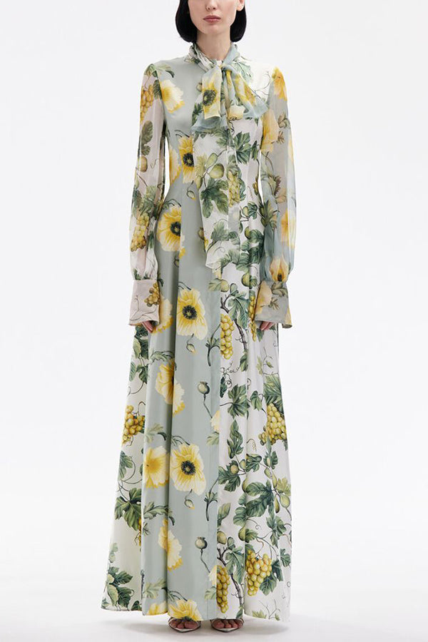 Floral Print Tie Neck Balloon Sleeves Elegant Maxi Dress