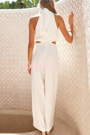 Solid Color Resort Style Halter Neck Waist Pocket Wide Leg Jumpsuit