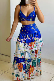 Unique Printed Suspenders Top and Loose Paneled Beach Maxi Skirt Set