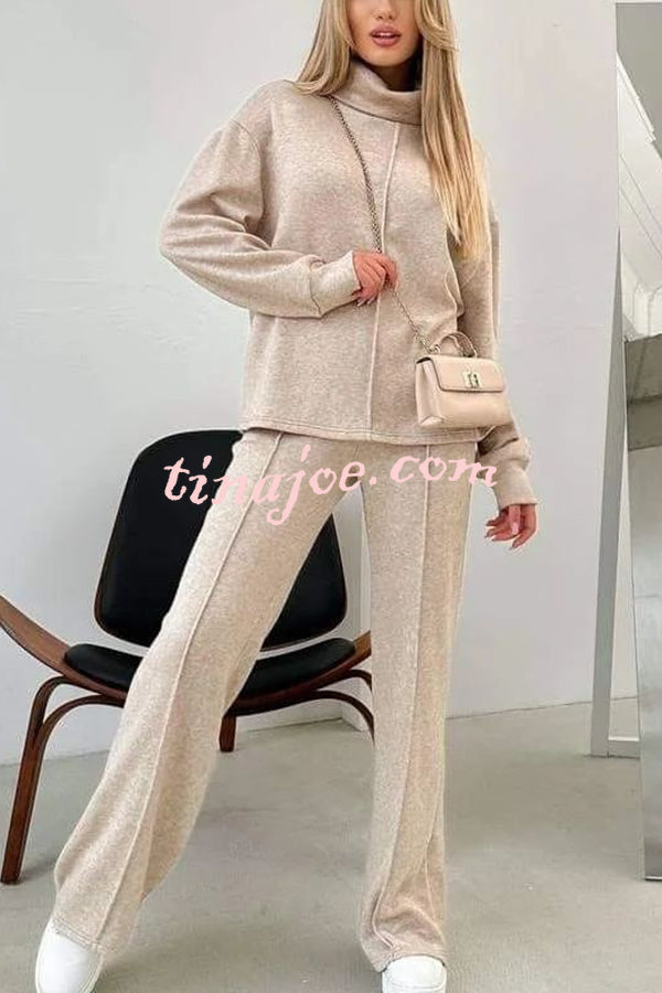 Solid Color Casual Knitted High Neck Long Sleeve Top and Elastic Waist Loose Pants Set