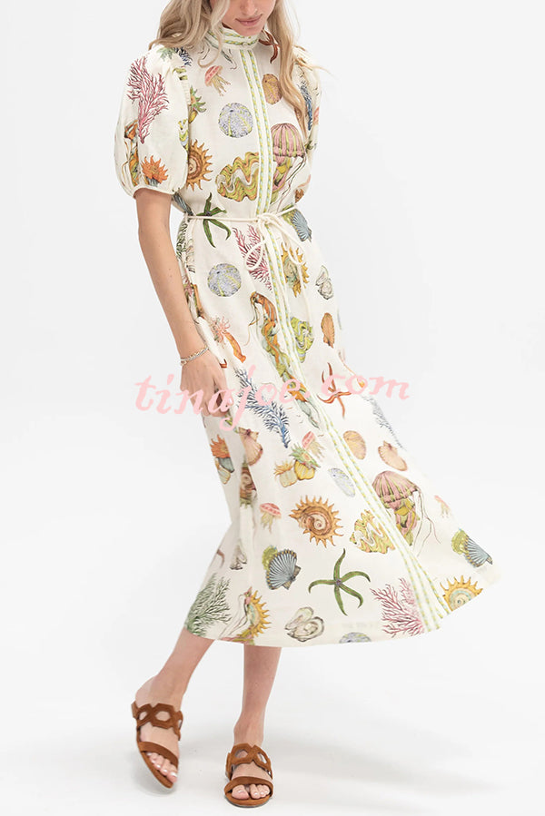 Beach Shell Print Puff Sleeve Tie-Waist Casual Midi Dress