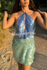 Fashion Sexy Sequined Backless Halter Neck Slim Fit Mini Dress
