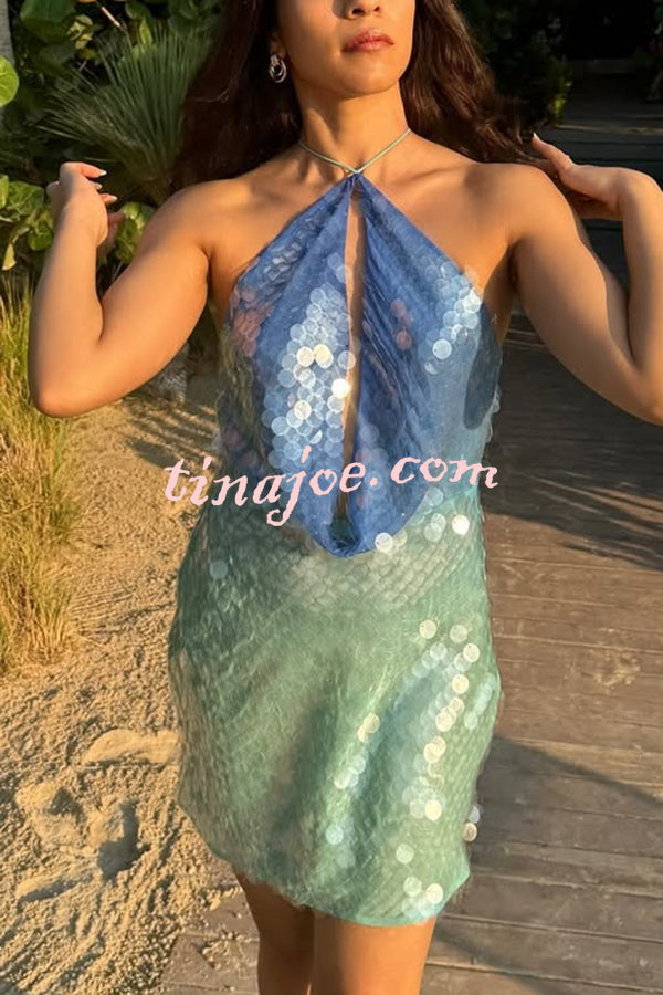 Fashion Sexy Sequined Backless Halter Neck Slim Fit Mini Dress