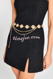 Timeless Exquisite Tweed Fabric Metal Coin Chain Detail Slip Mini Dress