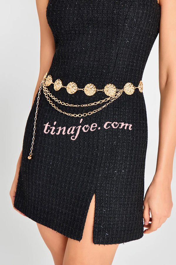 Timeless Exquisite Tweed Fabric Metal Coin Chain Detail Slip Mini Dress