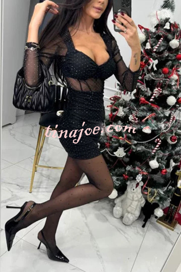 Gaze Mesh Glitter Fabric Sweetheart Neck Long Sleeve Stretch Mini Dress