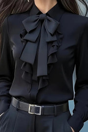 Fashion Ruffled Bow Tie Casual Long-sleeved Shirt