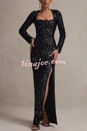 My Dream Sequin Square Neck Long Sleeves Slit Maxi Dress