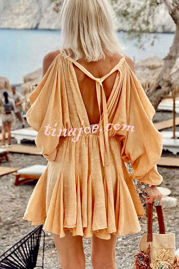 Anita Cold Shoulder Ruched Balloon Sleeve Pleated Hem Loose Mini Dress