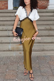 Fashionable Contrast Color V-neck Lace Stitching Maxi Dress