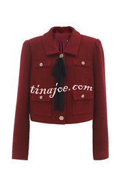 Sweet Dreams Tweed Bow Neck Button Long Sleeve Pocket Crop Jacket