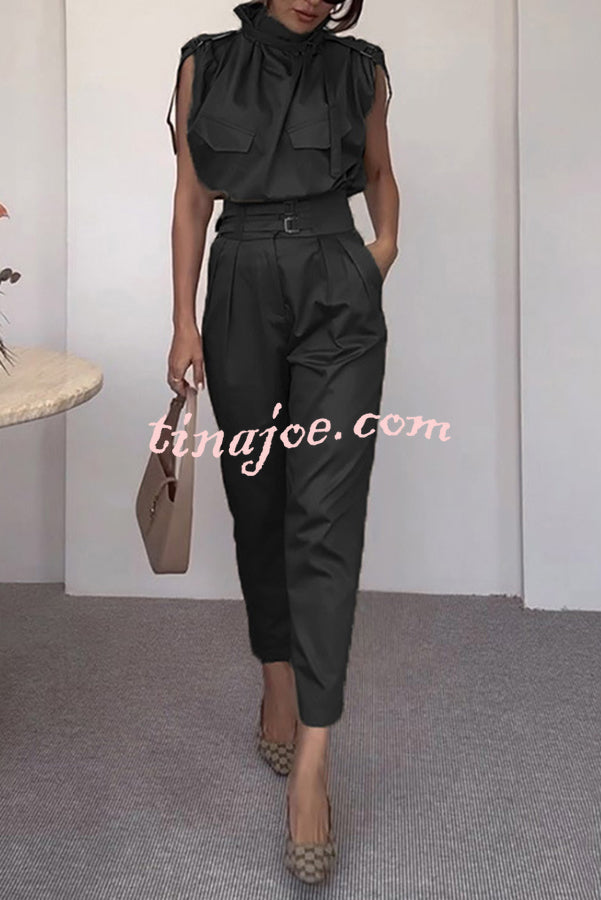 Statement Breast Pocket High Neck Top and Side Pocket Belt Long Pant Set