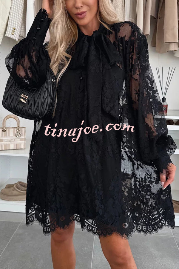 Night Rose Lace Bow Neck Long Balloon Sleeve A-line Mini Dress