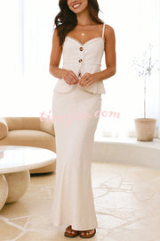Solid Color Halter Button-Down Top and Elegant Fitted Maxi Skirt Set