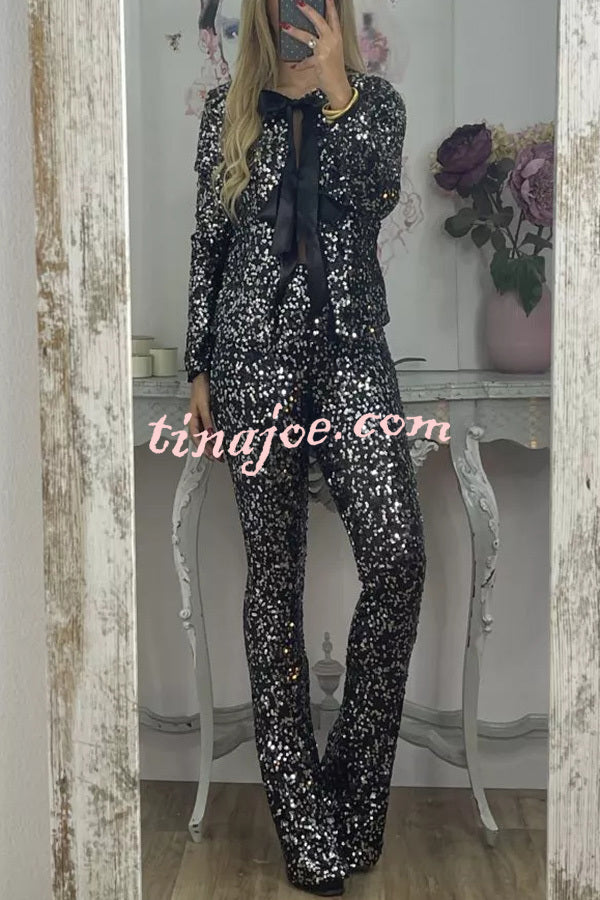 Holiday Cheer Sequin High Rise Elastic Waist Flared Stretch Pants