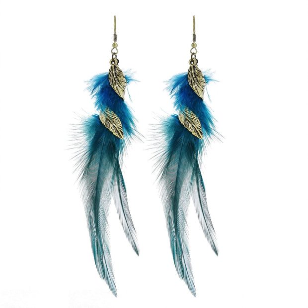 Vintage chain tassel bohemian feather earrings