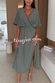 Linen Blend Solid Color V-neck Short Sleeve Waist Loose Slit Midi Dress