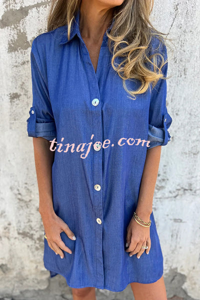 Solid Color Imitation Denim Casual Button Mid-length Shirt