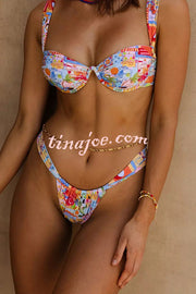 Beach Scenery Print Suspender Bikini