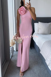 Samaya One Shoulder Detachable Rose Corsage Slit Stretch Maxi Dress