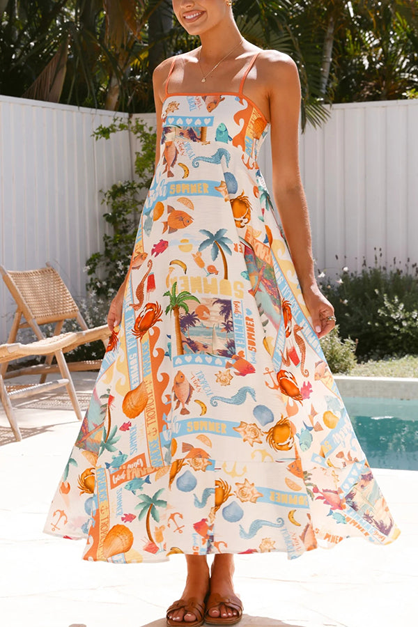 Marine Life Print Sleeveless Sling Holiday Maxi Dress