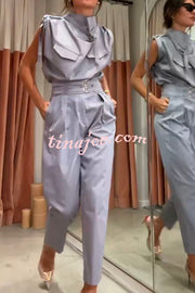 Statement Breast Pocket High Neck Top and Side Pocket Belt Long Pant Set