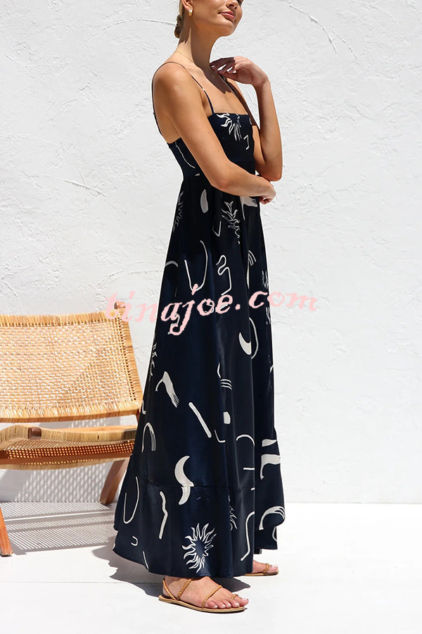 Elide Satin Unique Print Back Smocked Vacation Maxi Dress