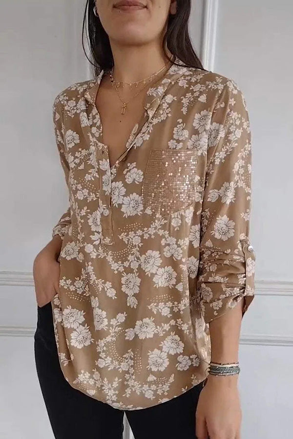 Floral Print V-neck Buttoned Sequin Pocket Casual Shirt