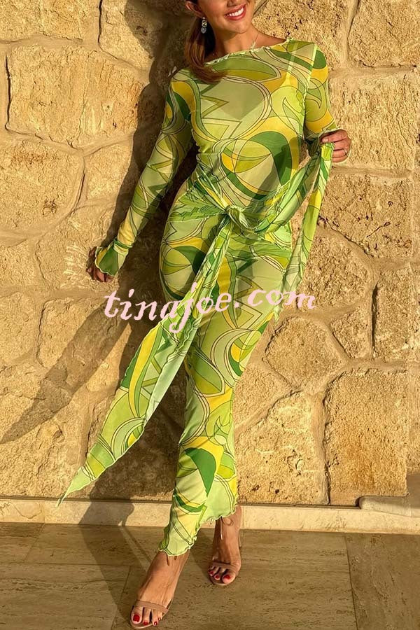 Nessie Mesh Unique Print Tie-up Waist Long Sleeve Stretch See-Through Maxi Dress