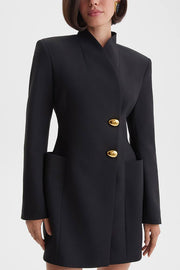 Kayleen Stand V-neck Decorative Metal Button Long Sleeve Pocket Blazer Mini Dress