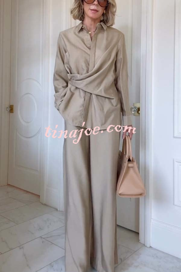 Juliette Cross-front Button Up Long Sleeve Shirt and Elastic Waist Pocket Loose Pants Set