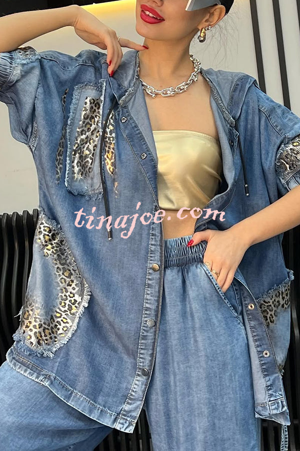 Fashion Loose Hooded Leopard Print Pocket Top and Casual Wide-leg Pants Set