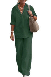 Solid Color Casual Long-sleeved Shirt and Elastic Waisted Loose Wide-leg Pants Set