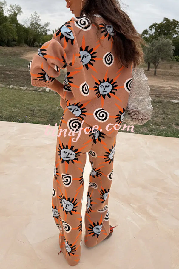 Mediterranean Art Knit Unique Sun Vortex Print Long Sleeve Relaxed Sweater