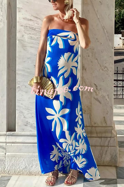 Fashion Vacation Satin Unique Print Off Shoulder Maxi Dress