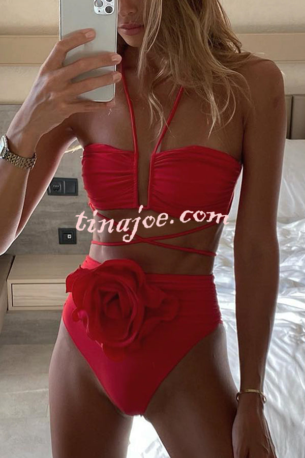 Solid Color Halterneck Lace Up Three Dimensional Flower Bikini