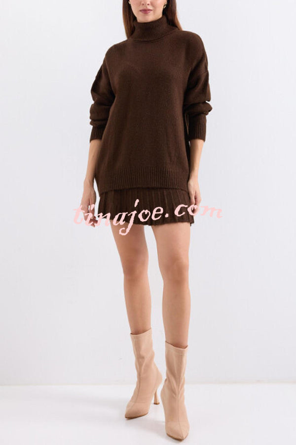 Solid Color Casual Preppy Knit Top and Knit Stretch Pleated Mini Skirt Set