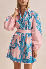 Botanical Print Lapel Puff Sleeve Vintage Belt Loose Mini Dress