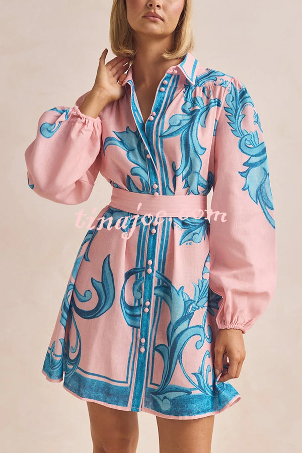 Botanical Print Lapel Puff Sleeve Vintage Belt Loose Mini Dress