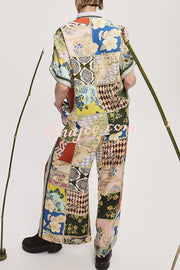 Linen Blend Lapel Short Sleeve Loose Top and Elastic Waist Casual Pocket Wide Leg Pants Set