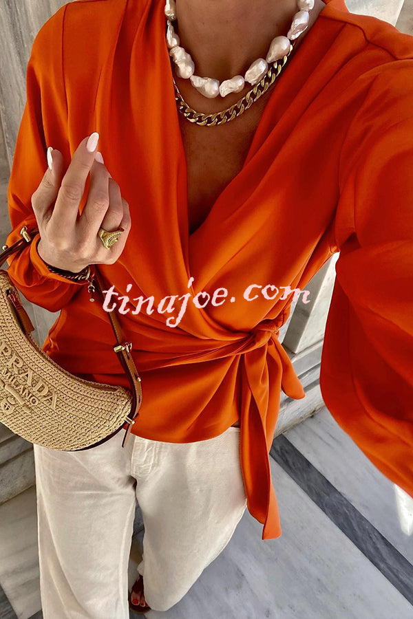 Satin Solid Color V-neck Tie Up Long Sleeve Loose Shirt